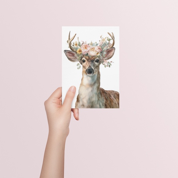 Watercolor Deer with Flower Wreath Illustration Wall Art Print Poster, Unframed - Picture 5 of 6